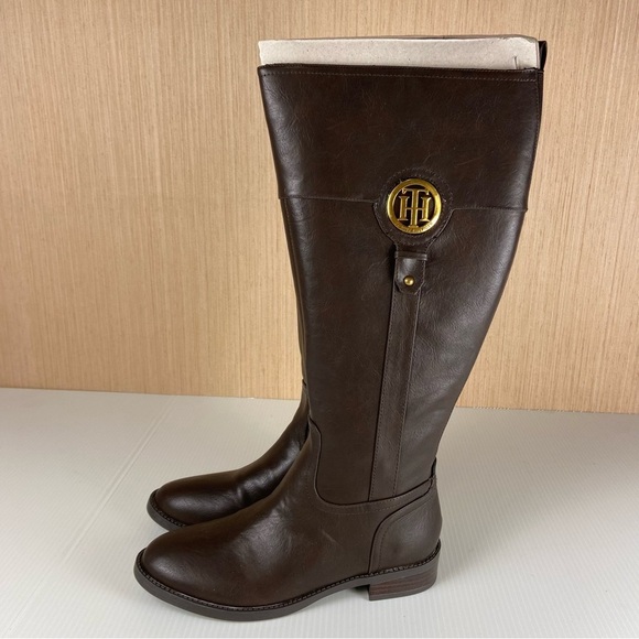Tommy Hilfiger Shoes - Tommy Hilfiger Twilia2 Wide Calf Riding Boots 6.5 Brown Gold Logo NIB